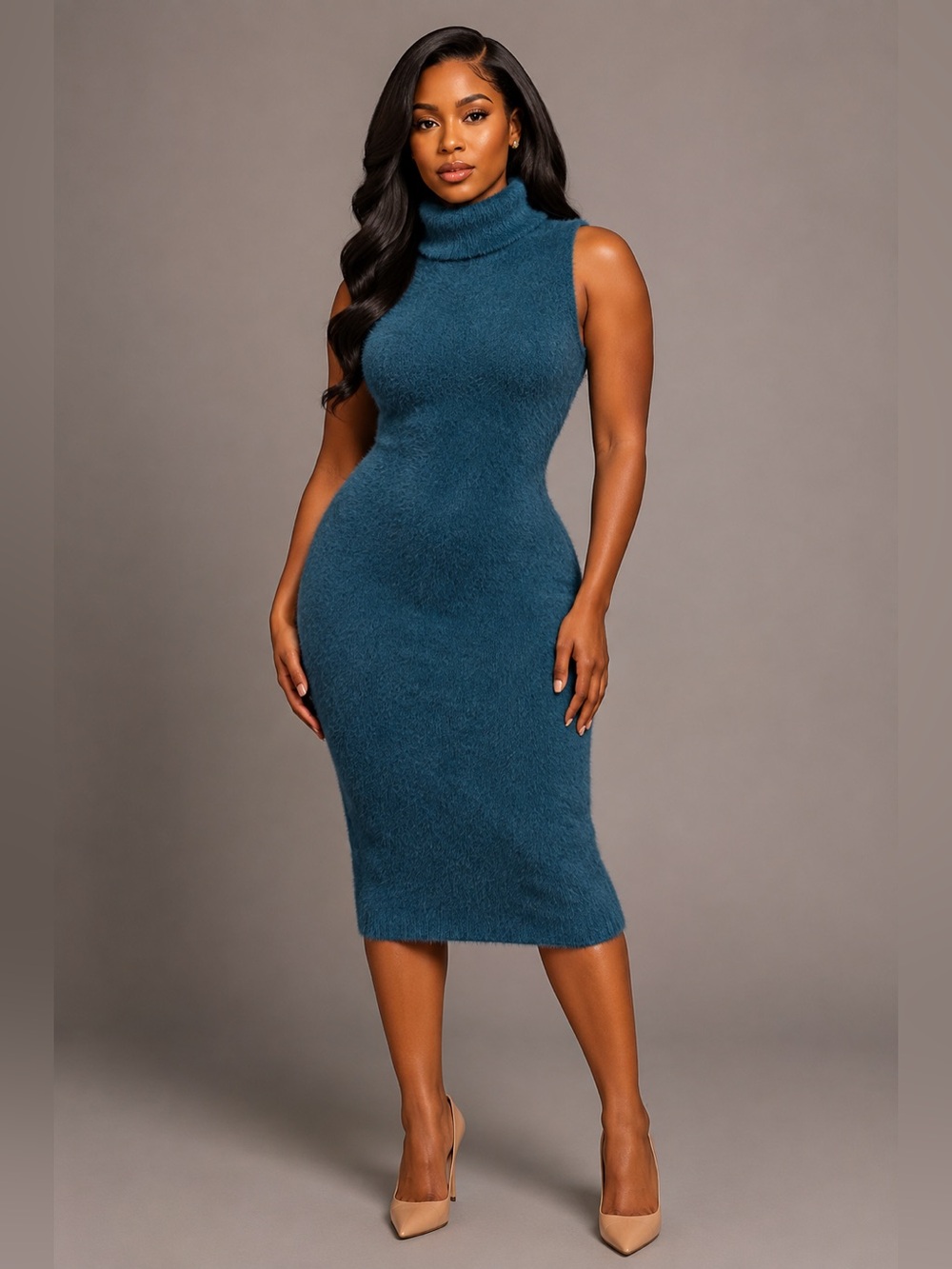 NWT Jessica Simpson Teal Fuzzy Knit Sleeveless Turtleneck Midi Dress XS